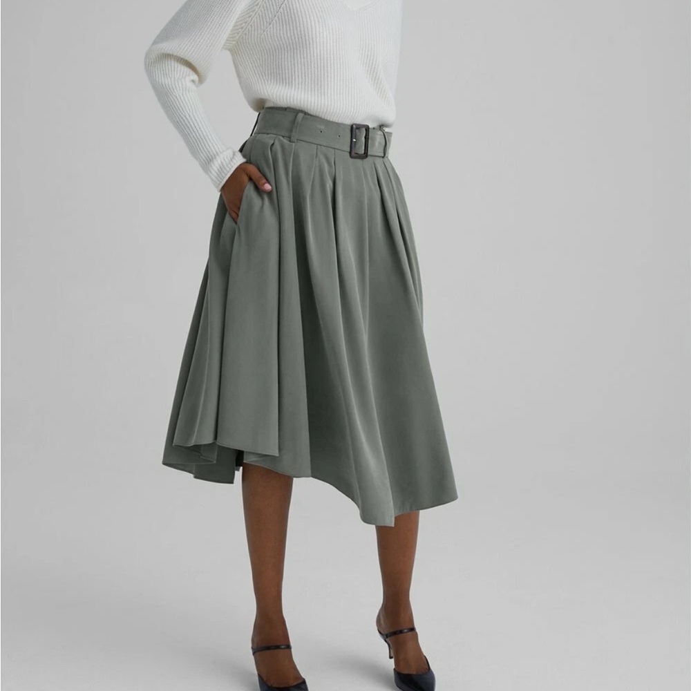 Club Monaco Gray Pleated Belted Midi Skirt Curved Hem Size 6